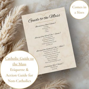 May include: A beige paper card titled Guide to the Mass with black text outlining the Introductory Rites, Liturgy of the Word, Liturgy of the Eucharist, and Concluding Rites. A circular badge in the corner states Comes in 2 Sizes.