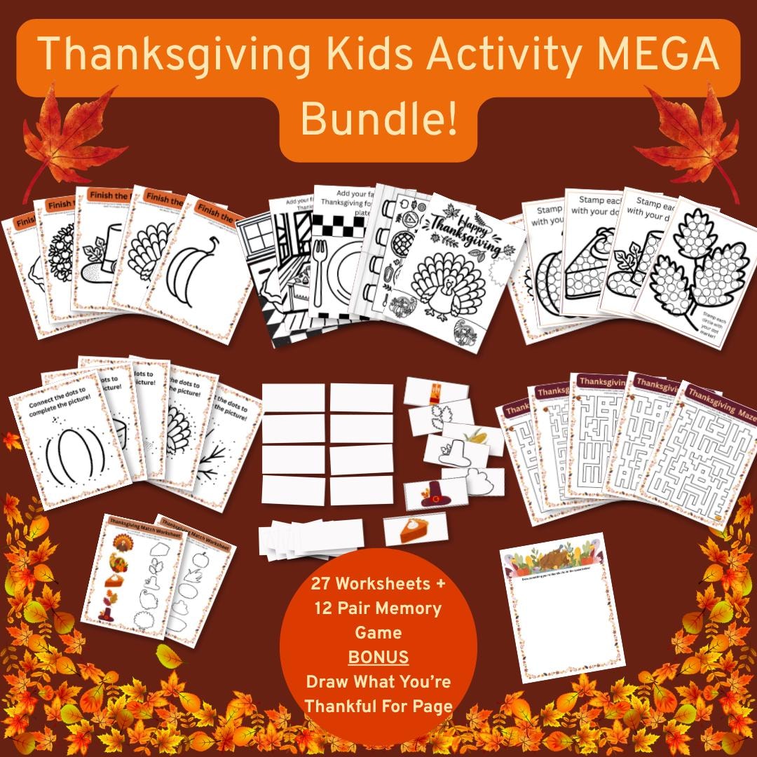 Thanksgiving Kids Activity MEGA Bundle • 27 Worksheets • Mazes • Dot ...