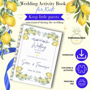 Può includere: Un libro di attività per matrimoni per bambini con bordo di limoni e fogliame, testo blu che recita Wedding Activity Book For Our Little Guests, Sara & Francesco e June 26, 2026. Include icone per personalizzato, download, giochi e PDF stampabile.