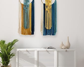 Modern Macrame Hoop Wall Hanging | Teal Mustard Tapestry | Large Boho Fiber Art | Color Block Room Decor | Living Room Wall Accent