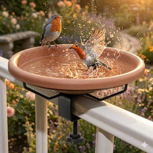 May include: A round, terracotta-colored bird bath basin mounted to a white railing with a black metal clamp and adjustable knob. Two European robins with orange breasts and grey-brown plumage are splashing in the water, creating droplets.