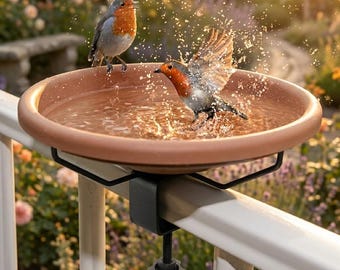 12 Inch Deck Mounted Bird Bath, Clamp-On Balcony Railing Feeder, Detachable Garden Decor