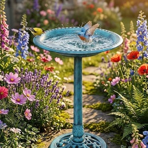 May include: A turquoise birdbath with a pedestal base and a circular basin featuring a decorative rim. A small yellow bird perches on the edge while a blue bird splashes in the water, creating ripples and droplets within the basin.