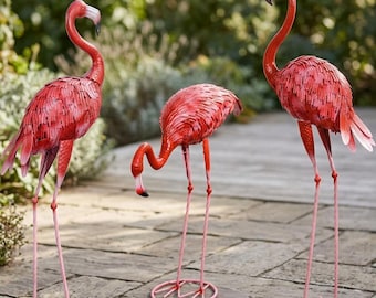 Set of 3 Large Red Metal Flamingo Garden Statues – Tropical Yard Art Sculptures