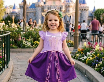 ラプンツェル姫のフリルドレス、フリル袖ドレス、ラプンツェル姫の誕生日衣装、女の子用コスプレラプンツェル姫ドレス