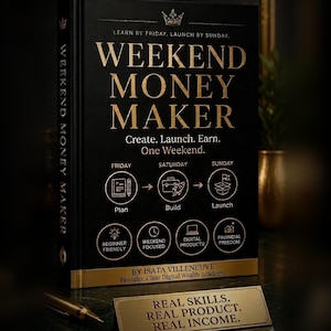 Può includere: Un libro con copertina rigida nera intitolato Weekend Money Maker con scritte dorate. La copertina presenta il testo Learn by Friday, Launch by Sunday, Create. Launch. Earn. One Weekend, e icone per Plan, Build e Launch. Autrice Isata Villeneuve.