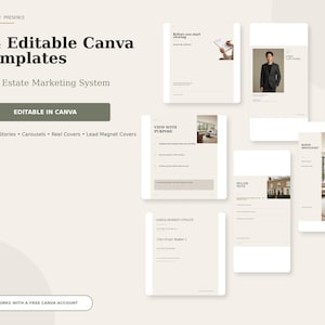 Op de afbeelding: Een verzameling van 84 bewerkbare Canva-sjablonen voor een vastgoedmarketingsysteem. Het ontwerp heeft een neutraal beige kleurenpalet met donkere tekst, inclusief lay-outs voor berichten, verhalen, carrousels en omslagontwerpen.