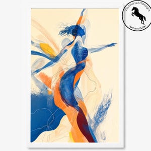 Peut inclure: Une impression d'art encadrée représentant une illustration abstraite d'une silhouette en mouvement. La composition utilise des coups de pinceau bleus, orange et rouge foncé sur un fond crème, avec des lignes de contour et le logo DarkHorseArtDesigns.