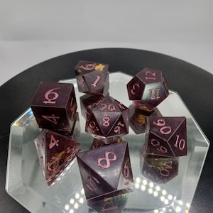 Vampiric Rose Handcrafted Sharp Edge Dice Set | 7-PC Polyhedral TTRPG | DnD, Pathfinder | Natural Organic Swirl, No Pressure Pot