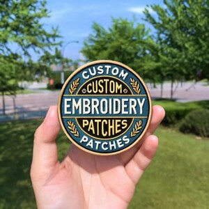 May include: A circular embroidered patch with a dark blue background and gold border. The text reads CUSTOM CUSTOM EMBROIDERY PATCHES PATCHES in white and gold lettering, accented by small gold wheat-like sprigs arranged in a circular pattern.