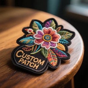 May include: An embroidered patch featuring a central flower with pink, orange, and yellow petals, surrounded by teal and green leaves. The black base includes the text CUSTOM PATCH stitched in gold thread with a thick black border outline.
