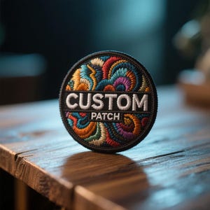 Peut inclure: Un écusson brodé circulaire avec une bordure noire et une bande horizontale centrale noire portant le texte blanc CUSTOM PATCH. La zone environnante présente un motif vibrant et tourbillonnant de fils multicolores dans des tons de bleu, orange, rouge et violet.