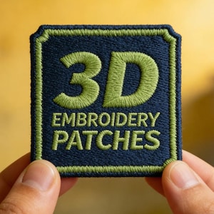 May include: A square embroidered patch with a dark navy blue background and a light green border. The text 3D EMBROIDERY PATCHES is stitched in light green thread across the centre of the patch in a bold, sans-serif font style.