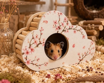Hamsterversteck Holz Kirschblüte | Hamster Schlafhaus | Wolkenhaus Goldhamster Zwerghamster Hamsterzubehör | Kleintiere Nager | 16 x 8 x 10