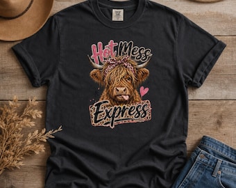 Highland Cow Hot Mess Express Comfort Colors Tee, Funny Animal Graphic Shirt