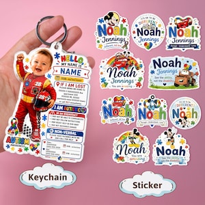 May include: A custom acrylic keychain and a collection of stickers featuring the name Noah Jennings, autism awareness puzzle piece motifs, and cartoon characters. The keychain includes emergency contact information, medical details, and a photo of a child.