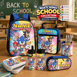 May include: A Sonic the Hedgehog themed school supply set featuring a backpack, lunch bag, pencil case, pen holder, and two water bottles. Each item displays colourful graphics of Sonic, Tails, Knuckles, Amy, and Shadow with the text NAME RUNNING TO 3RD GRADE.