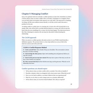 May include: A white document page with text titled "Chapter 5: Managing Conflict" and subheadings like "The CALM approach" and "Conflict questions you should expect." The text provides guidance for new graduate nurses on handling workplace conflicts.