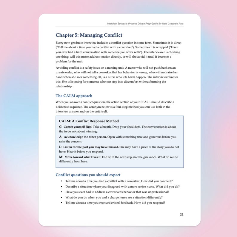 May include: A white document page with text titled "Chapter 5: Managing Conflict" and subheadings like "The CALM approach" and "Conflict questions you should expect." The text provides guidance for new graduate nurses on handling workplace conflicts.