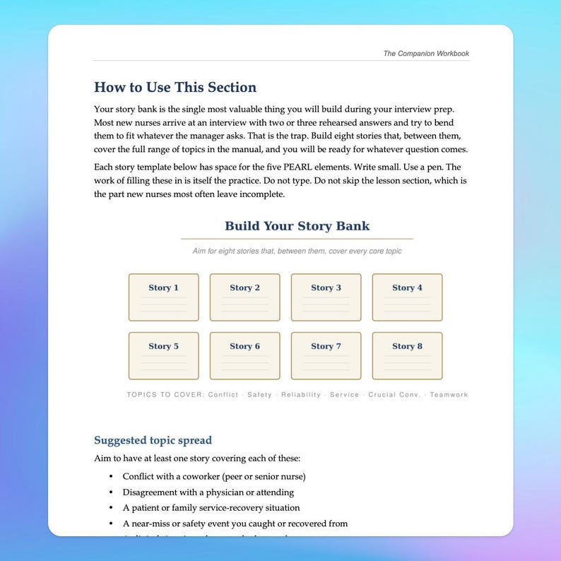 May include: A white workbook page with the title "How to Use This Section" and the text "Build Your Story Bank." It includes sections for eight stories and a suggested topic spread for nurses' interview preparation.