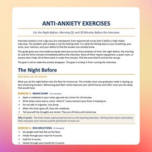 May include: A white and yellow guide titled "ANTI-ANXIETY EXERCISES" with instructions for managing interview anxiety. The guide includes exercises like a brain dump and box breathing, with time durations listed.