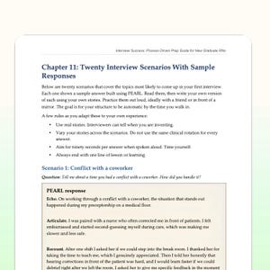 May include: A white document with black text titled "Chapter 11: Twenty Interview Scenarios With Sample Responses." The document provides interview preparation guidance for new graduate RNs, including sample answers and scenarios.