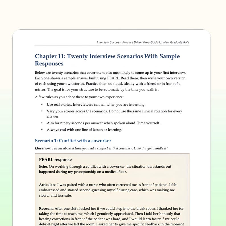 May include: A white document with black text titled "Chapter 11: Twenty Interview Scenarios With Sample Responses." The document provides interview preparation guidance for new graduate RNs, including sample answers and scenarios.