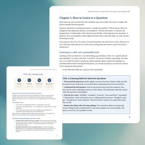 May include: A white tablet with text and diagrams, including "Chapter 1: How to Listen to a Question" and "TUNE: The Listening Frame." The text discusses interview techniques for nurses, focusing on active listening and question analysis.
