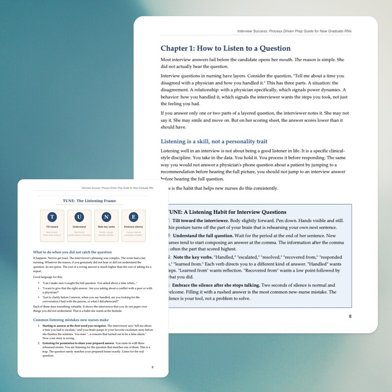 May include: A white tablet with text and diagrams, including "Chapter 1: How to Listen to a Question" and "TUNE: The Listening Frame." The text discusses interview techniques for nurses, focusing on active listening and question analysis.