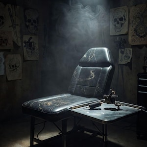 May include: A tattoo parlor scene with a black leather chair and a small table holding a tattoo machine. The text "REGRET FADES. INK DOESN'T." is at the top. The walls are adorned with tattoo designs.