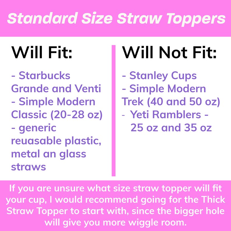 May include: A pink and purple graphic with the text "Standard Size Straw Toppers" at the top. The graphic lists which cups will fit and will not fit standard size straw toppers. The text says "Will Fit:" and lists Starbucks Grande and Venti, Simple Modern Classic (20-28 oz), generic reusable plastic, metal and glass straws. The text says "Will Not Fit:" and lists Stanley Cups, Simple Modern Trek (40 and 50 oz), Yeti Ramblers 25 oz and 35 oz. The graphic also includes the text "If you are unsure what size straw topper will fit your cup, I would recommend going for the Thick Straw Topper to start with, since the bigger hole will give you more wiggle room."