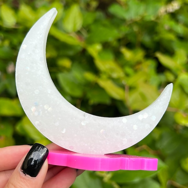 Opal Inspired - Crescent Moon and Cloud Ring Holder – Glitter Jewelry Organizer – Epoxy Resin - Home Decor - Engagement Ring Display