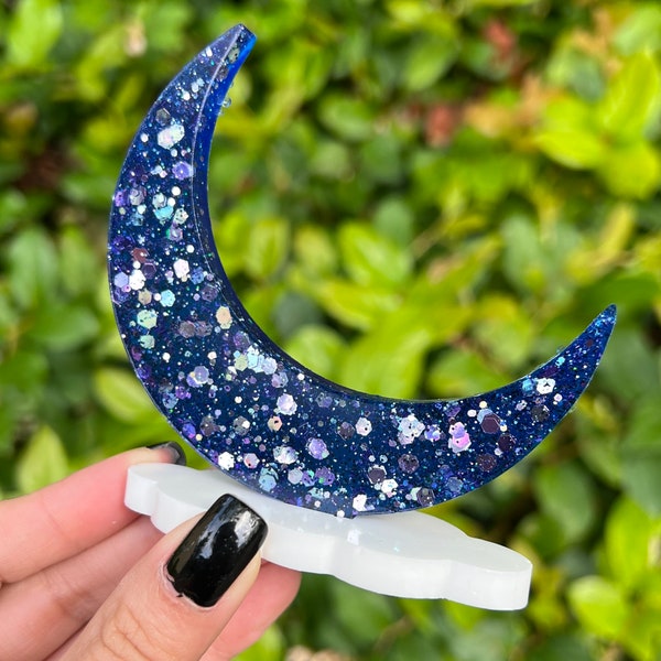 Blue - Crescent Moon and Cloud Ring Holder – Glitter Jewelry Organizer – Epoxy Resin - Home Decor - Engagement Ring Display