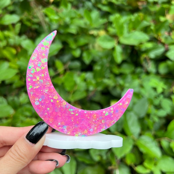 Hot Pink Glitter - Crescent Moon and Cloud Ring Holder – Glitter Jewelry Organizer – Epoxy Resin - Home Decor - Engagement Ring Display