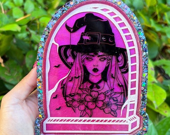 Magical Hot Pink Witch - Resin Tombstone Trinket Jewelry Tray – Home Decor Organizer - Jewelry Tray – Home Décor – Crystal Holder