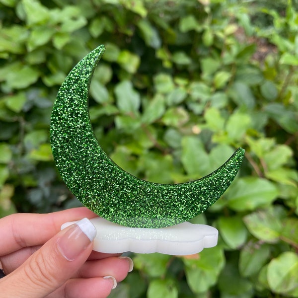 Crescent Moon and Cloud Ring Holder – Green Glitter Jewelry Organizer – Epoxy Resin - Home Decor - Engagement Ring Display