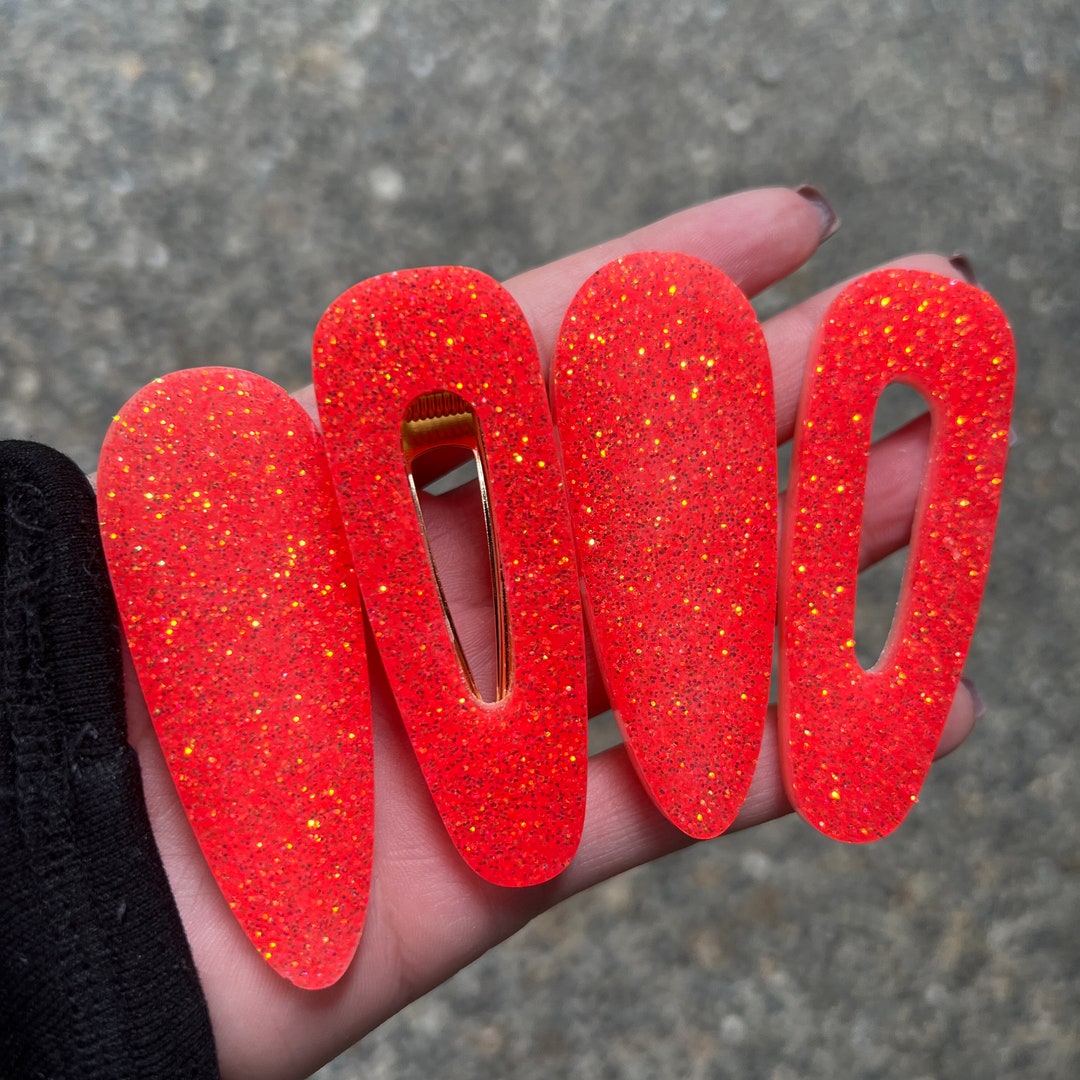 Bright Neon Orange Barrettes Water Drop Shape Set of 4 Alligator Hair