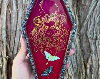 Red Horned Goddess Moths - Large Resin Coffin Trinket Jewelry Tray – Home Decor Organizer - Jewelry Tray – Home Décor – Crystal Holder