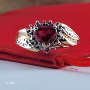 May include: A ring featuring a heart-shaped dark red gemstone set in a silver-toned metal frame with a decorative, textured border. The band is crafted from a combination of gold-toned and silver-toned metal, showcasing a polished finish.