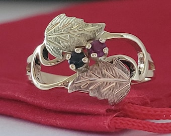 10K Yellow Gold Black Hills Sapphire and Ruby Ring Size 7, Solid Gold