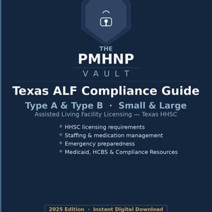 Op de afbeelding: Een donkerblauwe digitale gids getiteld "Texas ALF Compliance Guide" voor verzorgingshuizen. De gids behandelt licentie-eisen, personeel, medicatiebeheer, noodvoorbereiding en Medicaid-middelen. De editie 2025 is direct te downloaden.