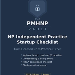 May include: A dark blue document titled "NP Independent Practice Startup Checklist" with the text "The PMHNP Vault." It includes bullet points about a 4-phase launch roadmap, credentialing, HIPAA compliance, and a startup cost estimator. The document is the 2025 edition, 5 pages.