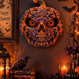 May include: A wall-mounted pumpkin decoration featuring an intricate, layered cutout design that combines a pumpkin shape with a skull motif. The piece is coloured in vibrant shades of orange, deep purple, and black, with detailed floral patterns.