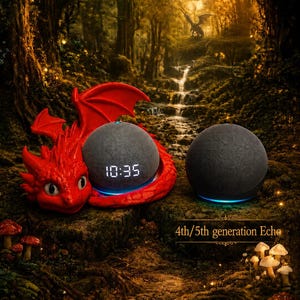 May include: A bright red dragon figurine with textured scales and wings curled around a spherical charcoal gray smart speaker displaying the time 10:35 in white digital numbers, positioned next to a second identical charcoal gray smart speaker.