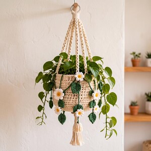 Daisy Crochet Plant Hanger Pattern, Hanging Basket PDF, Boho Home Decor