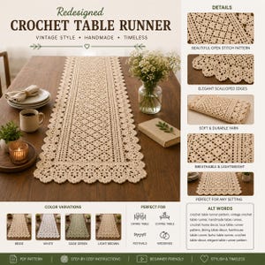 Vintage Filet Crochet Table Runner Pattern | Lace Farmhouse Decor (PDF Download)