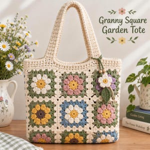 Crochet Tote Bag, Granny Square Floral Pattern - Garden Market Handbag, Digital PDF Instructions