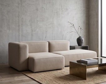 Mid-Century Curved Sofa ,Blue Fabric & Dark Wood Base ,Large Designer Statement Piece for Living Room , Sculptural Luxury Seating Handcrafte