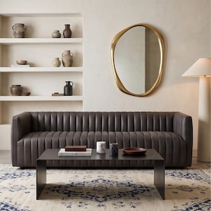 Modern Leather Sofa in Distressed Gray Wolf ,Mid Century Vertical Channel Tufted Couch Geometric Settee Low Profile Architectural Seating