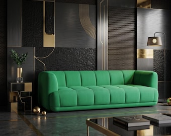 Mid-Century Curved Sofa in Saffron Leather | Italian Style Tufted Sectional | Statement Seating for Luxury Living Room